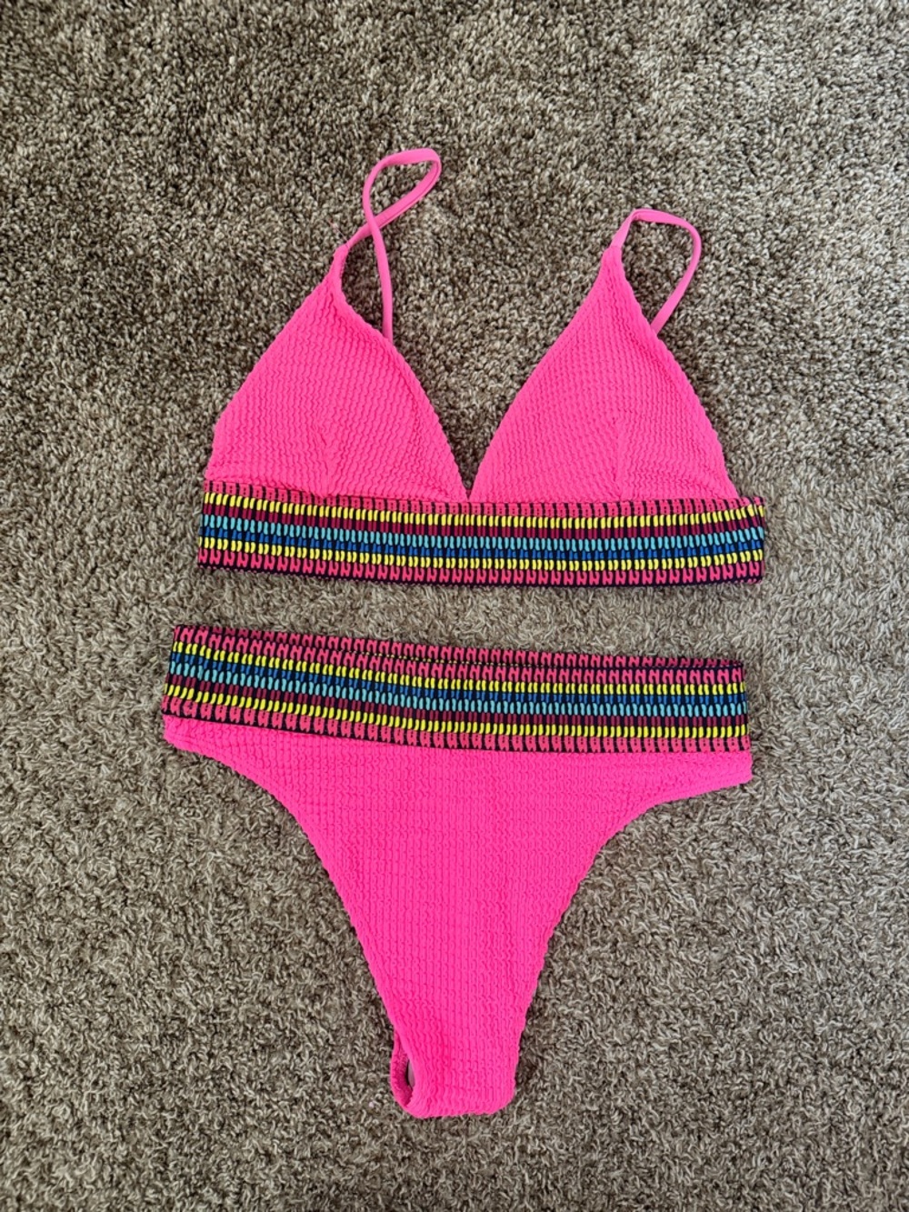 SHEIN Hot Pink Textured Bikini with Multicolor Elastic Trim